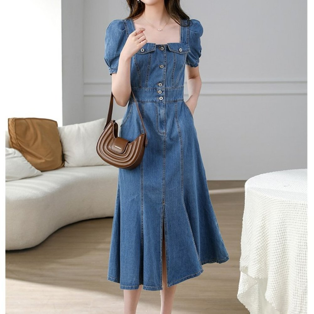 Slit Denim Dress, Puff Sleeve Denim Midi Dress, Ruffle Denim Midi Dress, Denim M